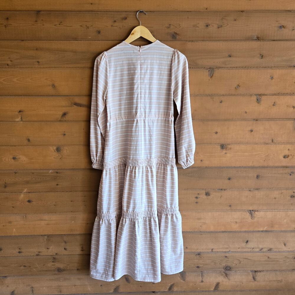 Hijab House Dress Modest Striped Day Beige White 6 Maxi Tier Long Sleeve Neutral - Picture 4 of 6